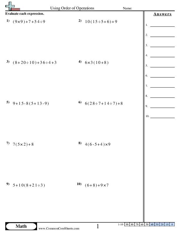 Solving using Order of Operations Worksheet Download