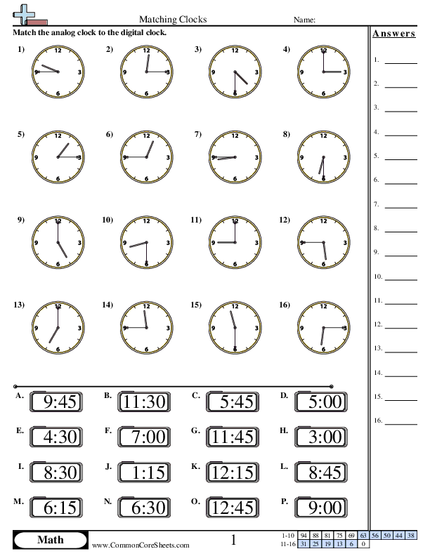 Matching Clocks (15 minute increments) Worksheet Download