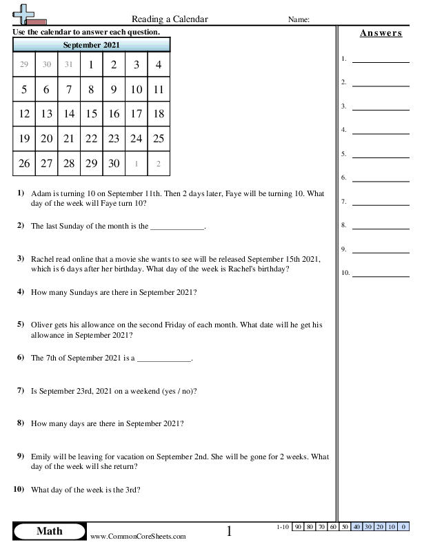 Reading A Calender Worksheet Download